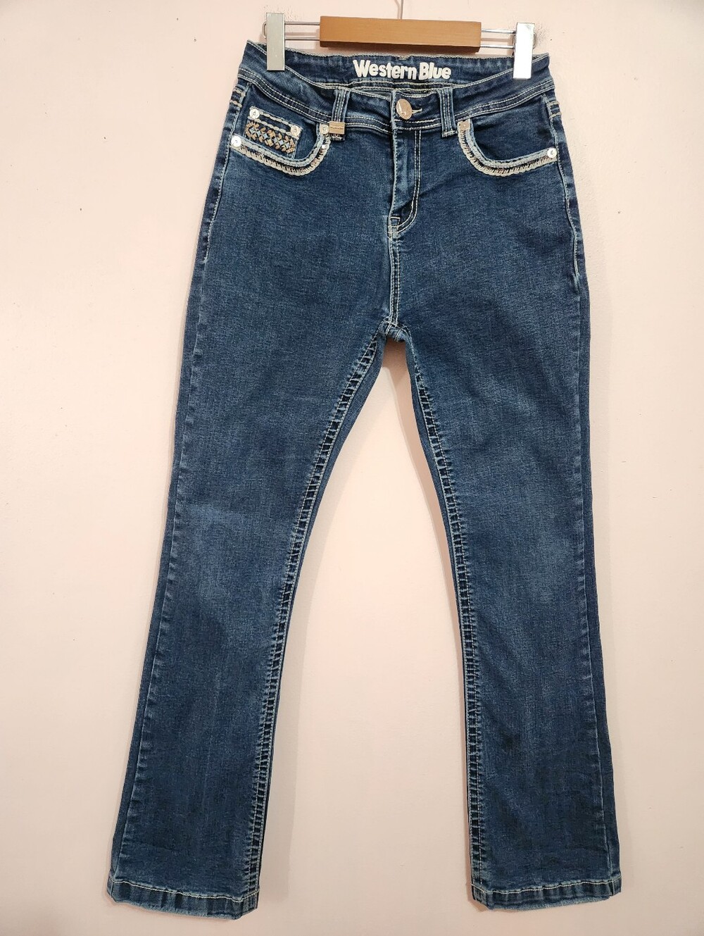 Western Blue Y2K McBling Embellished Thick Stitch Denim Jeans Size 28